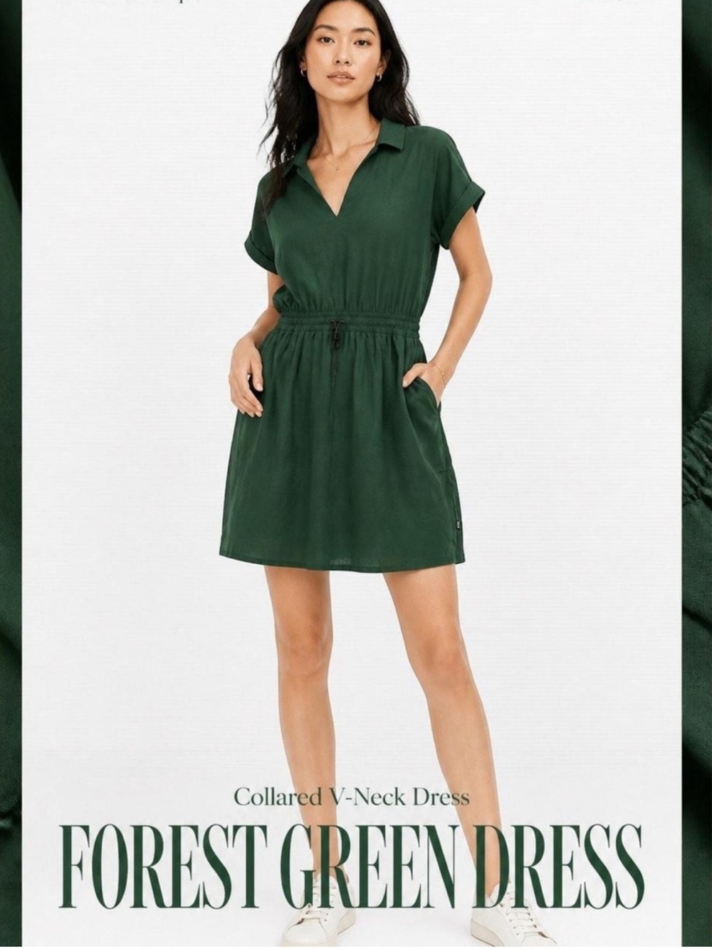 REI Trailmade L Green Collared V-Neck Shirtdress Elastic Waist Drawstring Dress